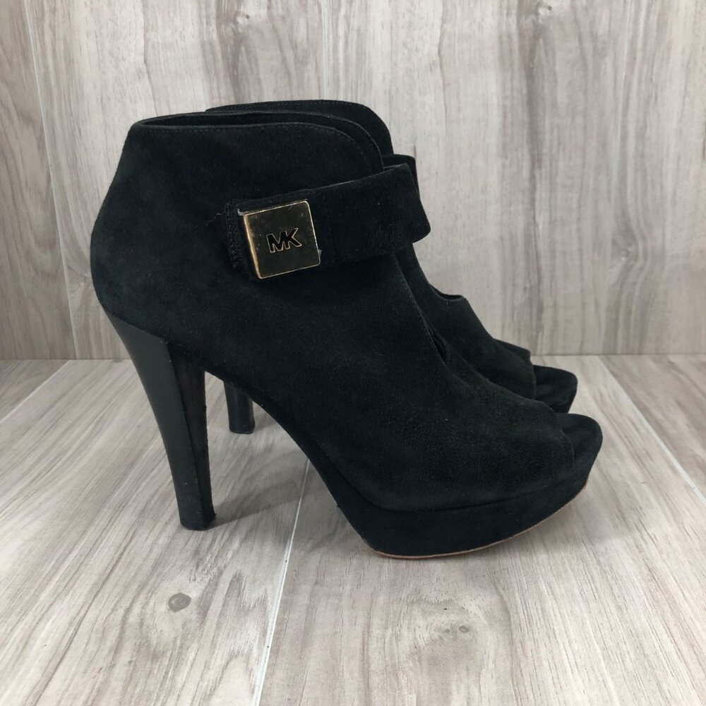 Michael Kors Heel Booties Woomens 7M Davenport Black Suede Peep Toe Ankle Boots